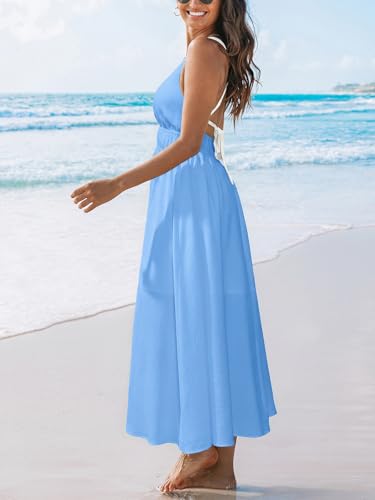 Image of CUPSHE Women 2026 Summer Beach Maxi Dress Plunge V Backless Cami Strape Smocked Waist Sun Dress Long Wedding Guest Dress