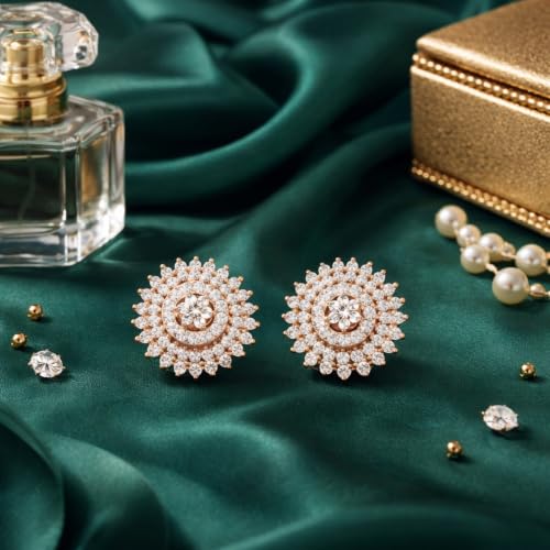 Image of I Jewels Valentines Special Stylish Fashion Rose Gold Plated Cubic Zirconia American Diamoand Floral Stud Earrings For Women /Girls