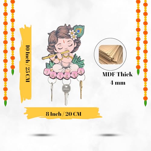 Image of Cute Krishna Wall-Mounted Key Holder, Peacock Feather & Floral Art, 20x25 cm, 7 Hooks, Pink UV Printed Design, Decorative Key Stand - Home & Office