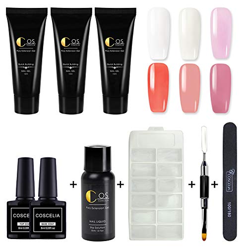 Saint-Acior 6 Colors Poly UV Gel Nail Kit Builder Gel Extension Nail Tips Gel Topcoat Basecoat Cleanser Plus Double-ended Nail Brush Manicure Kit