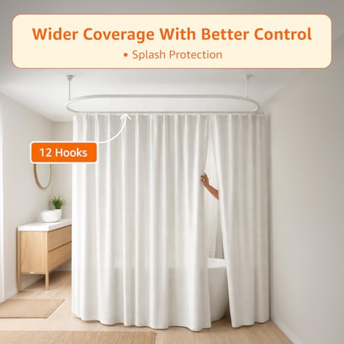 Image of Amazon Basics Shower Curtain 6 Feet | Waterproof Bathroom Curtain | PVC-Free, No Plastic Smell | Machine Washable Fabric | Off-White | 6ft Wide | 12 Hooks -180 CM X 180 CM