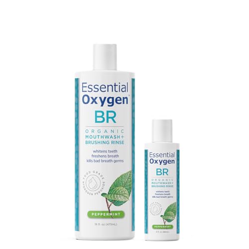 Essential Oxygen Certified Organic Brushing Rinse Combo Peppermint All Natural mouthwash Dentist Recommended Alcohol-Free Oral Care 1 - 3 fl oz bottle and 1 - 16 fl oz bottle BR (Pack of 2)