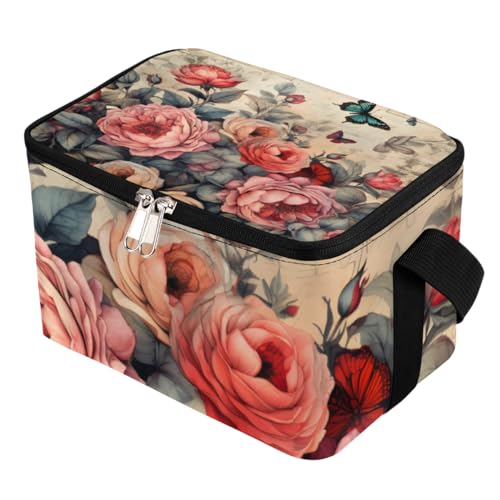 GzLeyigou Lunch Bags for Women Men 9 Cans,Retro Floral Peony Hot & Cold Food Delivery Bag Insulated Grocery Bag Insulated Lunch Box Flowers Cooler Bag for Office Work Picnic Beach