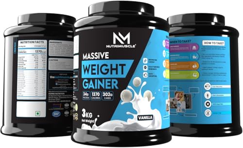 Nutrimuscle ยฎ Massive Weight Gainer - 3 Kgs - Vanilla Flavour - For Weight & Mass Gain - Contains Complex Carbohydrates,Protein and Imported Ingredients - For Weight Gain