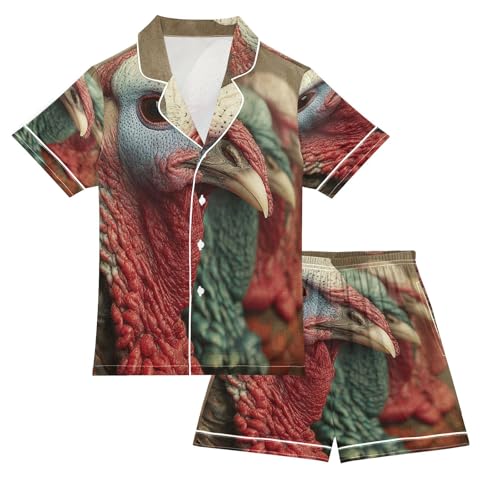 Satin Pajama Sets Short Sleeve Turkey Head Button Down Silky Nightwear 2 Piece PJS 5-14Y