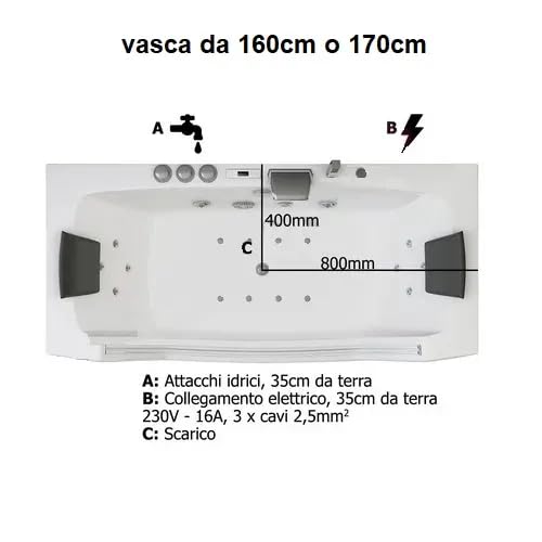 Bagno Italia vasca da bagno idromassaggio full optional 160x80 cm con luci riscaldatore e ozonoterapia