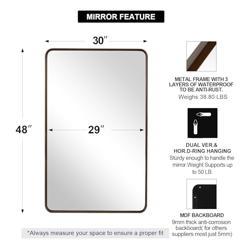Image of ANDY STAR Bronze Bathroom Mirror, 30x48 Inch Oil Rubbed Bronze Mirror Rounded Rectangle Tube Metal Frame 1'' Deep, Wall-Mounted Horizontal /Vertical