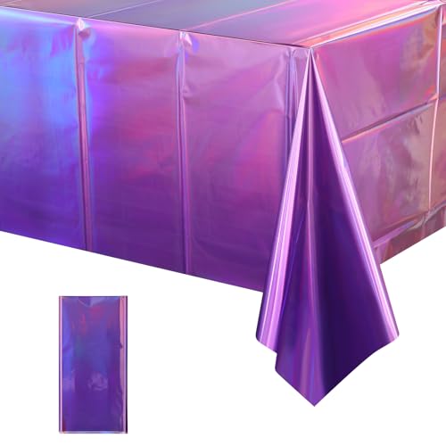 Image of 1 Pack Ombre Iridescent Pink and Purple Plastic Tablecloths, Shiny Disposable Laser Rectangle Table Covers Holographic Foil Tablecloth Iridescent Kpop Birthday Bridal Party Decoration, 54x108 Inch