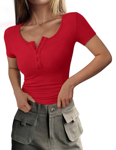 PRETTYGARDEN Women's 2025 Fall Summer Short Sleeve Tops Ribbed Henley Button Slim Fit Basic Casual T Shirts Blouse Clothing (Red,Large)