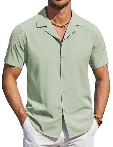 COOFANDY Mens Shirts Short Sleeve Button Up Shirts Casual Stylish Vacation Shirt Linen Shirt Light Green