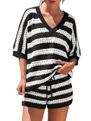 LILLUSORY Womens Crochet Striped Short Sets Two Piece Mesh Knit Beach Cover Ups V Neck Summer Vacation Outfits Lounge Pajamas Black White Stripe M