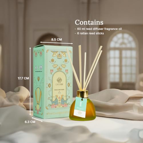Image of Ekam Frosted Glass 60ml Jasmine Reed Diffuser Set | Free 6 Fiber Reed Sticks | Stress Relief & Aromatherapy | Long-Lasting Home Fragrance (Up to 60 Days) | Air Freshener for Room, Bedroom & Bathroom