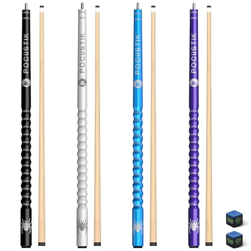 Pool Cues Set of 4, 58" 2-Piece Canadian Maple Billiard Sticks with Ergonomic Grip & 13mm Tip, Pro Pool Stick in 4 Colors & 4 Weights (18-21oz) for Home Bar, Incl 2 Chalks Purple+Blue+White+