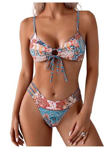 SOLY HUX Bathing Suit for Women Boho Paisley Print Tie Front Cut Out Swimsuit Two Piece Bikini Sets