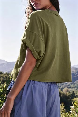 Image of HUGOOME Womens Oversized Workout Crop Top Casual Short Sleeve Boxy Roll Hem