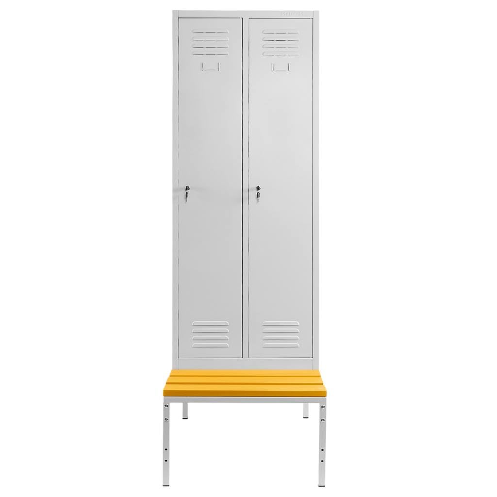 MEGA-M Podstawa do szafki BHP 80 z ławeczką WPC | metalowy stelaż, stałe siedzisko, przestrzeń na obuwie, 80 × 80 × 43 cm, do szatni i pomieszczeń socjalnych