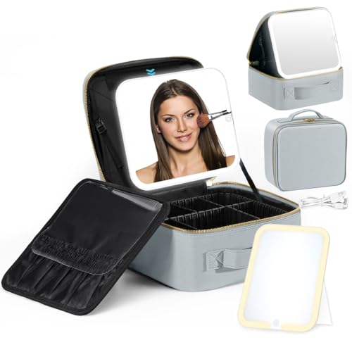 Luxspire Trousse de Maquillage avec LED Miroir, 3 Modes d'Éclairage Miroir de Maquillage LED Valise Maquillage Trousse de Étuis de Voyage avec Séparateurs Réglables pour Femme, Gris Bleu