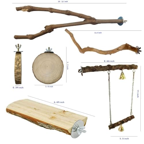 Image of 5PCS Natural Wood Stand 2 Wooden Platform 1 Swing 1 Grape Stick Paw Grinding Fork 1 Azalea Wood Stand Cage Accessortes for Birds