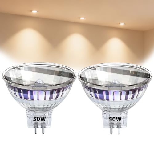 EKOWEE 50W 12V GU5.3 MR16 Halogen Bulb, Dimmable Spotlight with Reflector & Cover, Warm White 3000K, 2-Pin Base, Long Lifespan (2-Pack)