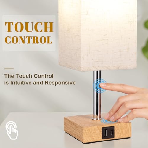 Aooshine Bedside Lamps, Table Lamp for Living Room Bedroom, Touch Lamps Bedside with USB A+C Charging Ports, Dimmable Bedroom Lamp with Fabric Shade for Kids Room, Study, Dorm, Office(Bulb Included) - Image 3