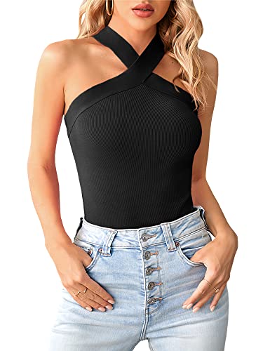 Bodosalia Women Criss Cross Halter Tank Top Solid Ribbed Sleeveless Shirts Summer Casual Basic Cami