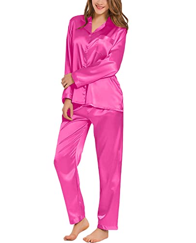 Image of SWOMOG Long Sleeve Pajamas Set Silk Satin Sleepwear Button Down Pjs Loungewear with Pocket