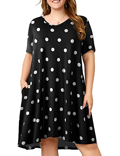 Image of OVERWORETY Womens Short Sleeve Plus Size T-Shirt Dress V Neck Casual Loose Swing A-Line Summer Tunic Dresses with Pockets