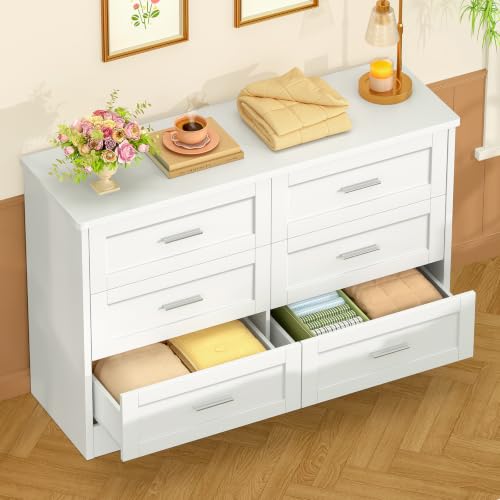Image of TEENFON 42.1 inchW White Dresser for Bedroom, Modern 6 Drawer Dresser with Metal Handles, Wood Dressers & Chest of Drawers, Wooden Closet Clothes Storage Organizer for Bedroom, Living Room, White