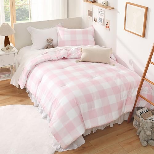 Image of Andency Pink Checkered Comforter Full(79x90Inch), Plaid Gingham Buffalo Plaid Grid Bedding Sets for Girls Kids Women Kids Teens, 3 Pieces Lightweight Polyester Geometric Preppy Bed Set