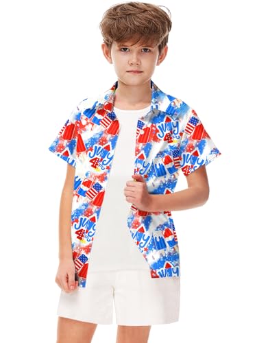 Image of Remimi Unisex Kids 4th of July Button Up Shirt Boys American Flag Print Hawaiian Beach Short Sleeve Tops 5-14 Years