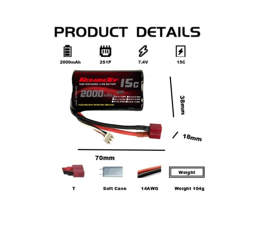RoaringTop batteria agli ioni di litio 7.4V 2000mAh 2S con T Plug e 2 cavi di ricarica USB per WLToys 4WD ad alta velocità RC auto e la maggior parte dei camion