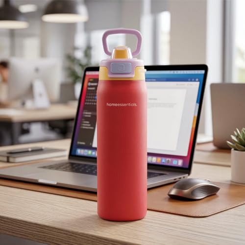 Image of HomeEssentials Stainless Steel Thermos Water Bottle 950ML - Leakproof Quick Fill Lid, Insulated Sports Bottle for Hot & Cold Drinks, Durable Travel & Gym Bottle, Easy Carry Lid (Red)