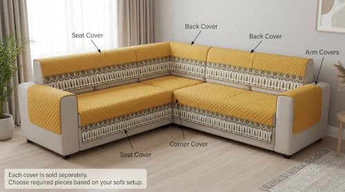 Image of KINGLY L-Shape Sofa Cover 5 Seater 3+2 Velvet Full Cover - Mustard Yellow | Fully covered quilted velvet slipcover, washable anti-slip furniture protector, L-type corner sofa cover for living room