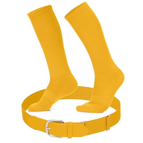 Youth Baseball Socks and Belt Set - Baseball or Softball Socks and Adjustable Belt (Small Gold)