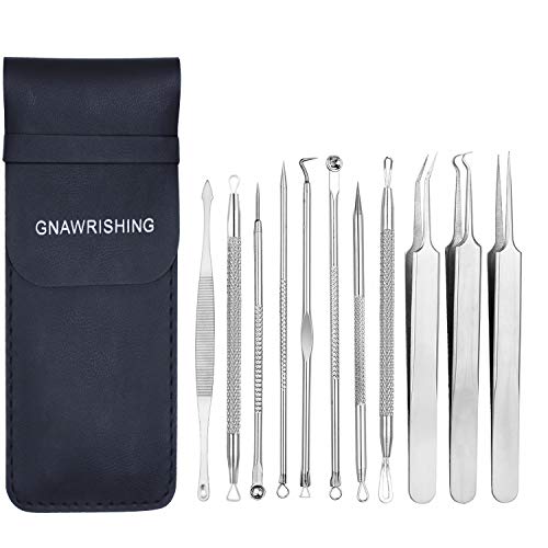 Blackhead Remover Set, 11 Pack Blackhead Tweezers Kits Pimple Popper Tool by GNAWRISHING, Stainless Pimple Acne Blemish Removal Tools Set, Silver
