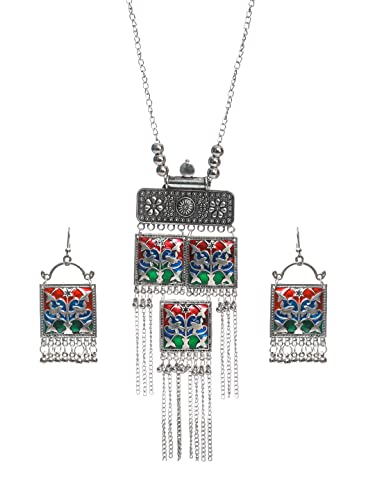 Oxidised Multicolor Square Tasseled Jewellery Set, Vibrant Style