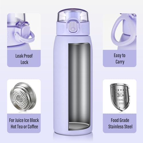 Image of Insulated Water Bottle 18 oz with Dustproof Lid, Carry Handle & Tea Infuser, BPA-Free & Leakproof, Stainless Steel Water Bottles Ideal for Fitness, Hiking, Office & Outdoor Use (Light Purple )