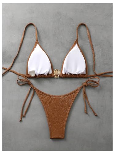 Milumia Women's Shiny Bikini Sets Shell Decor Halter Bikini Swimsuit Two Piece Bathing Suits4