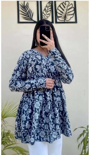 Image of Women's Rayon Floral Printed A-Line Tunic Top | Stylish Casual Wear | V-Neck Long Sleeve Kurti Top