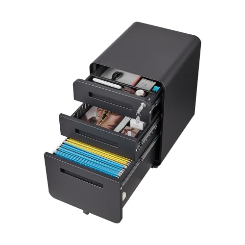 Cassettiera con serratura a 3 cassetti - Armadietto portatile in metallo con 5 ruote di sicurezza e cartella sospesa regolabile in altezza, colore nero