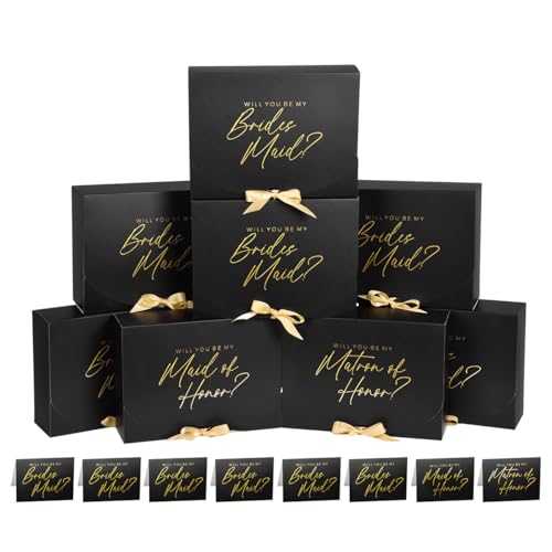WLUSEAXI 16 Pieces Bridesmaid Proposal Box Set, 8 Pack Bridesmaid Boxes & Cards, Matron of Honor Proposal Gift Box, Maid of Honor Box, Will You be My Bridesmaid Box for Bridesmaids Gifts (Black)