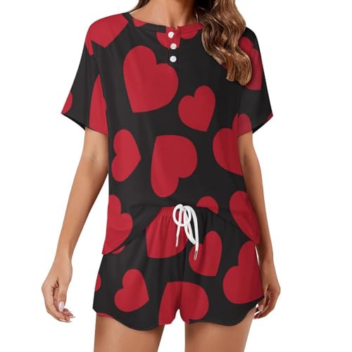 Ensemble de pyjama femme Amour Rouge manches courtes, vêtements de nuit d'été légers et sleepwear