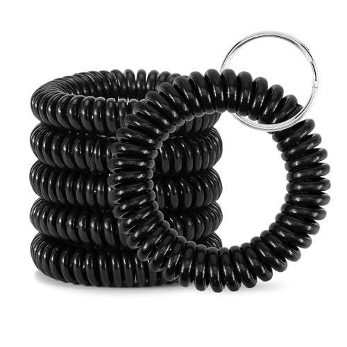 QIUTIMIY 6PCS Wristlet Keychain Black Spiral Coil Hair Tie for Women Sauna Accessories Wrist Coil Key Ring Key Holder(Black-S)