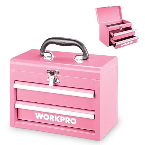 WORKPRO Portable Mini Tool Box, 2 Drawers Metal Tool Chest with Ball Bearing Slides, Top Storage with Latch, Ergonomic Carrying Handle, Toolbox with PVC Liners and PP Feet Pads - Pink Ribbon