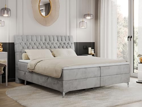 MKS MEBLE Boxspringbett 160x200 mit 2 Bettkästen Matratze und Topper, Polsterbett 160x200, Bett 160x200 - Milen - 160x200cm - H3 Hellgrau Velvet MKS MEBLE Boxspringbett 160x200 mit 2 Bettkästen Matratze und Topper, Polsterbett 160x200, Bett 160x200 - Milen - 160x200cm - H3 Hellgrau Velvet