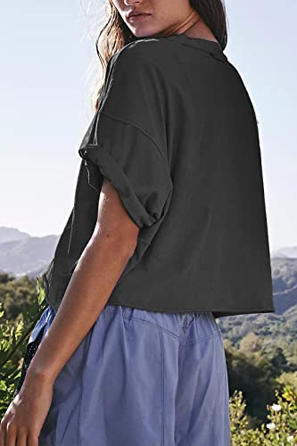 Image of HUGOOME Womens Oversized Workout Crop Top Casual Short Sleeve Boxy Roll Hem