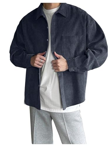 OYOANGLE Men's Button Down Corduroy Shirts Long Sleeve Chest Pocket Drop Shoulder Shacket
