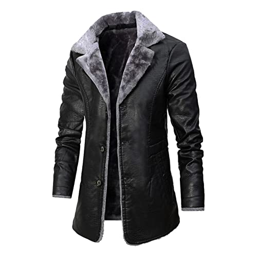 RTRDE Mens Faux Leather Coat Lapel Collar Sherpa Lined Jacket Winter Warm Pea Coat Work Jacket, XL-4XL