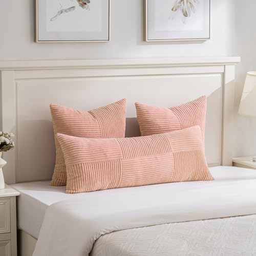 Image of Fancy Homi 2 Packs Peach Big Decorative Throw Pillow Covers 24x24 Inch for Couch Bed Sofa, Rustic Farmhouse Boho Home Decor, Soft Corss Corduroy Patchwork Accent Square Cushion Case 60x60 cm