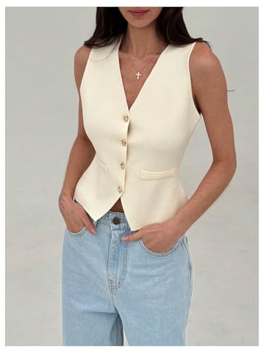 GORGLITTER Women's Sleeveless Button Up Sweater Tops Dressy Lightweight Knit Business Casual Fall Cardigan Suit Vest4